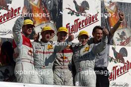 03.10.2004 Hockenheim, Germany,  DTM, Sunday, Podium, Martin Tomczyk (GER), Audi Sport Team Abt, Audi A4 DTM, Bernd Schneider (GER), Vodafone AMG-Mercedes, AMG-Mercedes C-Klasse, Mattias Ekström (SWE), Audi Sport Team Abt, Audi A4 DTM, Gary Paffett (GBR), C-Klasse AMG-Mercedes, AMG-Mercedes C-Klasse, Hans-Juergen Mattheis (GER), Team Manager HWA - DTM Season 2004 at Hockenheimring Baden-Württemberg (Deutsche Tourenwagen Masters, Deutschland)