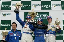 02.05.2004 Brno, Czech Republic, Sunday, April, Fabrizio Del Monte, ITA, GP Racing 1st place, Norbert Siedler, AUT, ADM Motorsport 2nd place and Nicky Pastorelli, NED, Draco Racing Jr. Team 3rd place - SUPERFUND EURO 3000 Championship, CZE - SUPERFUND COPYRIGHT FREE editorial use only
