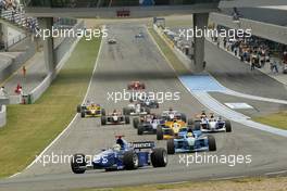 06.06.2004 Jerez, Spain, Sunday 06 June 2004, Fabrizio Del Monte, ITA, GP Racing leads at the first corner at the start of the race - SUPERFUND EURO 3000 Championship Rd 3, Jerez, Spain, ESP - SUPERFUND COPYRIGHT FREE editorial use only