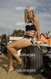 03.03.2004 Melbourne, Australia, F1, Wednesday, March, Brunotti's Australian Beach Party at St. Kilda Beach, A Brunotti girl sit on the BAR006. Formula 1 World Championship, Rd 1, Australian Grand Prix. www.xpb.cc, EMail: info@xpb.cc - copy of publication required for printed pictures. Every used picture is fee-liable. c Copyright: xpb.cc