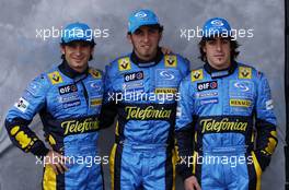 04.03.2004 Melbourne, Australia, F1, Thursday, March, Formula 1 Driver Portraits, Jarno Trulli, ITA, Renault F1 Team with Franck Montagny, FRA, Testdriver, Renault F1 Team and Fernando Alonso, ESP, Renault F1 Team.  Formula 1 World Championship, Rd 1, Australian Grand Prix. www.xpb.cc, EMail: info@xpb.cc - copy of publication required for printed pictures. Every used picture is fee-liable. c Copyright: xpb.cc