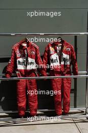 06.03.2004 Melbourne, Australia, F1, Saturday, March, Michael Schumacher, GER, Ferrari and Rubens Barrichello, BRA, Ferrari  overalls are left in the sun. Formula 1 World Championship, Rd 1, Australian Grand Prix. www.xpb.cc, EMail: info@xpb.cc - copy of publication required for printed pictures. Every used picture is fee-liable. c Copyright: xpb.cc