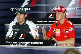 04.03.2004 Melbourne, Australia, F1, Thursday, March,Official FIA Press conference, Mark Webber, AUS, Jaguar and Michael Schumacher, GER, Ferrari . Formula 1 World Championship, Rd 1, Australian Grand Prix. www.xpb.cc, EMail: info@xpb.cc - copy of publication required for printed pictures. Every used picture is fee-liable. c Copyright: xpb.cc
