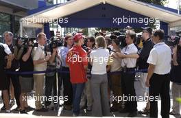 04.03.2004 Melbourne, Australia, F1, Thursday, March, Michael Schumacher, GER, Ferrari  surrounded by the press. Formula 1 World Championship, Rd 1, Australian Grand Prix. www.xpb.cc, EMail: info@xpb.cc - copy of publication required for printed pictures. Every used picture is fee-liable. c Copyright: xpb.cc