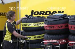 03.03.2004 Melbourne, Australia, F1, Wednesday, March, Carlos from Jordan prepares the tires for the weekend. Formula 1 World Championship, Rd 1, Australian Grand Prix preparations. www.xpb.cc, EMail: info@xpb.cc - copy of publication required for printed pictures. Every used picture is fee-liable. c Copyright: xpb.cc