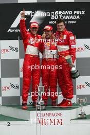 13.06.2004 Montreal, Canada, F1, Sunday, June, Michael Schumacher, GER, Ferrari, Rubens Barrichello, BRA, Ferrari and Chris Dyer GBR, Ferrari Race Engineer - Formula 1 World Championship, Podium, Rd 8, Canadian Grand Prix, Canada, CAN