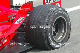 25.07.2004 Hockenheim, Germany, F1, Sunday. July, Rubens Barrichello, BRA, Ferrari wheel after the race - Formula 1 World Championship, Rd 12, Race, Grosser Mobil 1 Preis von Deutschland, GER, Hockenheimring Baden-Württemberg