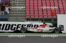 24.07.2004 Hockenheim, Germany, F1, Saturday, July, Takuma Sato, JPN, Lucky Strike BAR Honda, BAR006, Action, Track, crashes at Sachs Corner, crash - Formula 1 World Championship, Rd 12, Practice, Grosser Mobil 1 Preis von Deutschland, GER, Hockenheimring Baden-Württemberg