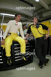 24.07.2004 Hockenheim, Germany, F1, Saturday, July, Giorgio Pantano, ITA, Jordan with Dominic Harlow, Jordan race engineer - Formula 1 World Championship, Rd 12, Practice, Grosser Mobil 1 Preis von Deutschland, GER, Hockenheimring Baden-Württemberg