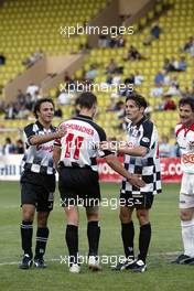 18.05.2004 Monte Carlo, Monaco, F1, Tuesday, May, Felipe Massa, BRA, Sauber with Michael Schumacher, GER, Ferrari and Giancarlo Fisichella, ITA - Formula 1 Charity football match, Stade Louis II, Formula 1 World Championship, Rd 6, Monaco Grand Prix, MCO