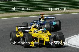 25.04.2004 Imola, San Marino, F1, Sunday, April, Giorgio Pantano, ITA, Jordan, EJ14, Action, Track leads Giancarlo Fisichella, ITA, Sauber, C23, Action, Track - Formula 1 World Championship, race, Rd 4, San Marino Grand Prix, RSM