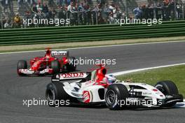 25.04.2004 Imola, San Marino, F1, Sunday, April, Jenson Button, GBR, Lucky Strike BAR Honda, BAR006, Action, Track  leads Michael Schumacher, GER, Scuderia Ferrari Marlboro, F2004, Action, Track - Formula 1 World Championship, race, Rd 4, San Marino Grand Prix, RSM