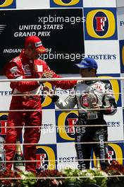 20.06.2004 Indianapolis, USA, F1, Sunday, June, Michael Schumacher, GER, Ferrari and Takuma Sato, JPN,  BAR Honda - Formula 1 World Championship, Rd 9, USA Grand Prix, Podium, USA