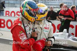 02.10.2004 Hockenheim, Germany,  F3 Euro Series, Saturday, Lewis Hamilton (GBR), Manor Motorsport, Dallara F3-02 Mercedes (3rd), congratulates Hannes Neuhauser (AUT), HBR Motorsport, Dallara F3-03 Opel (2nd), with his first podium finish of the year - F3 Season 2004 at Hockenheimring Baden-Württemberg