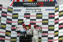 31.07.2004 Nürburg, Germany,  F3 Euro Series, Saturday, Podium, Nico Rosberg (FIN), Team Rosberg, Dallara F3-03 Opel (1st, center), Jamie Green (GBR), ASM F3, Dallara F3-03 Mercedes (2nd, left) and Lewis Hamilton (GBR), Manor Motorsport, Dallara F3-02 Mercedes (3rd, right) - F3 Euro Series 2004 at Nürburgring