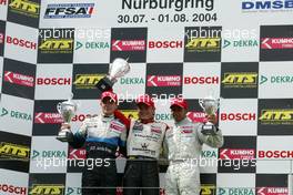 31.07.2004 Nürburg, Germany,  F3 Euro Series, Saturday, Podium, Nico Rosberg (FIN), Team Rosberg, Dallara F3-03 Opel (1st, center), Jamie Green (GBR), ASM F3, Dallara F3-03 Mercedes (2nd, left) and Lewis Hamilton (GBR), Manor Motorsport, Dallara F3-02 Mercedes (3rd, right) - F3 Euro Series 2004 at Nürburgring