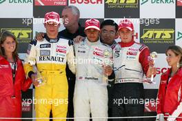 26.06.2004 Nürnberg, Germany,  F3 Euro Series, Saturday, Podium, Lewis Hamilton (GBR), Manor Motorsport, Dallara F3-02 Mercedes (1st, center), Loic Duvall (FRA), OPEL Team Signature, Dallara F3-02 Opel (2nd, left), Frank Perera (FRA), Prema Powerteam, Dallara F3-04 Opel (3rd, right) - F3 Euro Series 2004 at Norisring