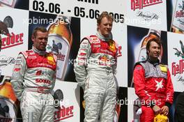 05.06.2005 Brno, Czech Republic,  Podium, Mattias Ekström (SWE), Audi Sport Team Abt Sportsline, Portrait (1st, center), Tom Kristensen (DNK), Audi Sport Team Abt, Portrait (2nd, left) and Heinz-Harald Frentzen (GER), Opel Performance Center, Portrait (3rd, right) - DTM 2005 at Automotodrom Brno, Czech Republic (Deutsche Tourenwagen Masters)