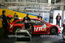 29.04.2005 Klettwitz, Germany,  The car of Heinz-Harald Frentzen (GER), Opel Performance Center, Opel Vectra GTS V8, in the pitbox - DTM 2005 at Eurospeedway Lausitzring (Deutsche Tourenwagen Masters)