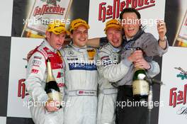 01.05.2005 Klettwitz, Germany,  Podium, from left to right: Tom Kristensen (DNK), Audi Sport Team Abt, Portrait (2nd), Gary Paffett (GBR), DaimlerChrysler Bank AMG-Mercedes, Portrait (1st), Mika Häkkinen (FIN), Sport Edition AMG-Mercedes, Portrait (3rd) and Hans-Jürgen Mattheis (GER), Team Manager HWA - DTM 2005 at Eurospeedway Lausitzring (Deutsche Tourenwagen Masters)