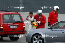 17.09.2005 Klettwitz, Germany,  Pierre Kaffer (GER), Audi Sport Team Joest Racing, Audi A4 DTM, after his crash into the wall - DTM 2005 at Lausitzring (Deutsche Tourenwagen Masters)