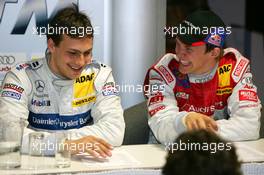 16.04.2005 Hockenheim, Germany,  Press conference, Mattias Ekström (SWE), Audi Sport Team Abt Sportsline, Portrait (1st, right), having some fun with Gary Paffett (GBR), DaimlerChrysler Bank AMG-Mercedes, Portrait (2nd, left) - DTM 2005 at Hockenheimring Baden-Württemberg (Deutsche Tourenwagen Masters)