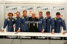 15.07.2005 Nürnberg, Germany,  Press conference, from left to right: Alain Prost (FRA), Johnny Cecotto (VEN). Jody Scheckter (RSA), Hans Werner Aufrecht (GER), Team Chef HWA, ITR President, Mick Doohan (AUS), Nigel Mansell (GBR) and Emerson Fittipaldi (BRA) - DTM 2005 Race of the Legends at Norisring (Deutsche Tourenwagen Masters)