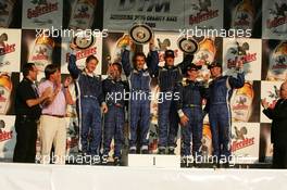 16.07.2005 Nürnberg, Germany,  Podium, from left to right: Jody Scheckter (RSA), Johnny Cecotto (VEN), Alain Prost (FRA) (1st), Nigel Mansell (GBR), Emerson Fittipaldi (BRA) and Mick Doohan (AUS) - DTM 2005 Race of the Legends at Norisring (Deutsche Tourenwagen Masters)