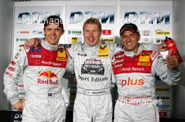 14.05.2005 Francorchamps, Belgium,  The top 3 drivers from qualifying: Mika Häkkinen (FIN), Sport Edition AMG-Mercedes, Portrait (1st, center), /Mattias Ekström (SWE), Audi Sport Team Abt Sportsline, Portrait (2nd, left) and Christian Abt (GER), Audi Sport Team Joest Racing, Portrait (3rd, right) - DTM 2005 at Spa Francorchamps, Belgium (Deutsche Tourenwagen Masters)