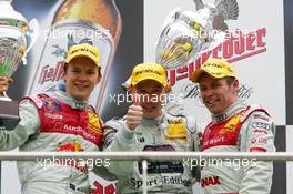 15.05.2005 Francorchamps, Belgium,  Podium, Mika Häkkinen (FIN), Sport Edition AMG-Mercedes, Portrait (1st, center), Mattias Ekström (SWE), Audi Sport Team Abt Sportsline, Portrait (2nd, left) and Tom Kristensen (DNK), Audi Sport Team Abt, Portrait (3rd, right) - DTM 2005 at Spa Francorchamps, Belgium (Deutsche Tourenwagen Masters)