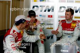 27.08.2005 Zandvoort, The Netherlands,  Mattias Ekström (SWE), Audi Sport Team Abt Sportsline, Portrait (left), Frank Stippler (GER), Audi Sport Team Joest, Portrait (center) and Allan McNish (GBR), Audi Sport Team Abt, Portrait (right), dicussing their laps - DTM 2005 at Circuit Park Zandvoort (Deutsche Tourenwagen Masters)