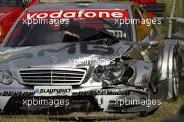 28.08.2005 Zandvoort, The Netherlands,  The damaged car of Jean Alesi (FRA), AMG-Mercedes, AMG-Mercedes C-Klasse, after hitting the tyre barrier - DTM 2005 at Circuit Park Zandvoort (Deutsche Tourenwagen Masters)