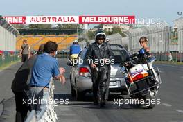 27.02.2005 Melbourne, Australia, A speeding ticket on the race track which is still open for public - police makes speeding controlls ad give tickets for safety reason - First preparations of the teams, all the stuff arrives with big trucks in containers at the Park / circuit - Sunday, Formula 1 World Championship, Rd 1, Australian Grand Prix