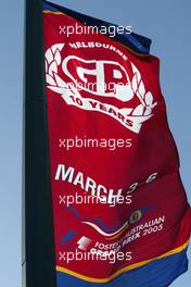 27.02.2005 Melbourne, Australia, 10 years flag - First preparations of the teams, all the stuff arrives with big trucks in containers at the Park / circuit - Sunday, Formula 1 World Championship, Rd 1, Australian Grand Prix