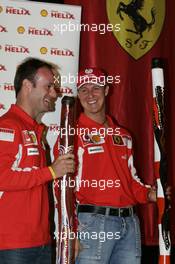 02.03.2005 Melbourne, Australia, Rubens Barrichello, BRA, Ferrari and Michael Schumacher, GER, Ferrari with a digery do, Shell press Conference - Wednesday, March, Formula 1 World Championship, Rd 1, Australian Grand Prix