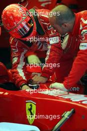 28.01.2005 Barcelona, Spain, First Roll Out of the Ferrari with the new aerodynamic wings / F2004M pre version - Michael Schumacher, GER, Ferrari - Friday, January, Formula 1 Testing, Circuit de Catalunya (ESP)