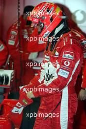 28.01.2005 Barcelona, Spain, First Roll Out of the Ferrari with the new aerodynamic wings / F2004M pre version - Michael Schumacher, GER, Ferrari - Friday, January, Formula 1 Testing, Circuit de Catalunya (ESP)