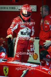 28.01.2005 Barcelona, Spain, First Roll Out of the Ferrari with the new aerodynamic wings / F2004M pre version - Michael Schumacher, GER, Ferrari - Friday, January, Formula 1 Testing, Circuit de Catalunya (ESP)