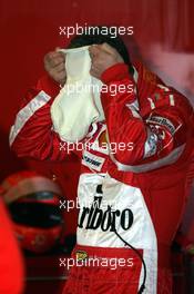 28.01.2005 Barcelona, Spain, First Roll Out of the Ferrari with the new aerodynamic wings / F2004M pre version - Michael Schumacher, GER, Ferrari - Friday, January, Formula 1 Testing, Circuit de Catalunya (ESP)