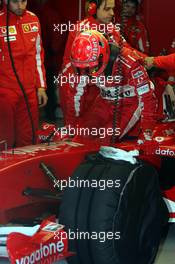 28.01.2005 Barcelona, Spain, First Roll Out of the Ferrari with the new aerodynamic wings / F2004M pre version - Michael Schumacher, GER, Ferrari - Friday, January, Formula 1 Testing, Circuit de Catalunya (ESP)