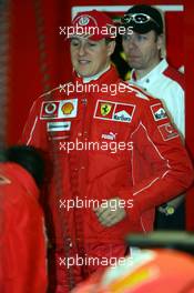 28.01.2005 Barcelona, Spain, First Roll Out of the Ferrari with the new aerodynamic wings / F2004M pre version - Michael Schumacher, GER, Ferrari - Friday, January, Formula 1 Testing, Circuit de Catalunya (ESP)