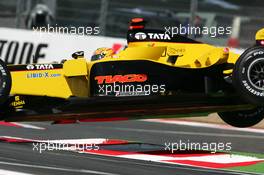 01.07.2005 Magny-Cours, France,  Tiago Monteiro (POR), Jordan Toyota EJ15, flying over the curbe stones - July, Formula 1 World Championship, Rd 10, French Grand Prix, Magny Cours, France, Practice