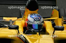 01.07.2005 Magny-Cours, France,  Robert Doornbos (NED), Test driver Jordan Toyota EJ15, with a new helmet with sponsoring from KPN - July, Formula 1 World Championship, Rd 10, French Grand Prix, Magny Cours, France, Practice