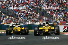 03.07.2005 Magny-Cours, France,  Tiago Monteiro (POR), Jordan Toyota EJ15, leads his team mate Narain Karthikeyan (IND), Jordan Toyota EJ15 - July, Formula 1 World Championship, Rd 10, French Grand Prix, Magny Cours, France, Race