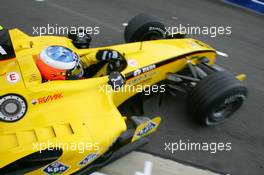 08.07.2005 Silverstone, England, Robert Doornbos (NED), Test driver Jordan Toyota EJ15, driving out of the pitbox - July, Formula 1 World Championship, Rd 11, British Grand Prix, Silverstone, England, Practice