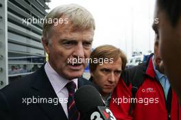 08.07.2005 Silverstone, England, Max Mosley (GBR), President of the Fédération Internationale de l'Automobile (FIA), talking with the press - July, Formula 1 World Championship, Rd 11, British Grand Prix, Silverstone, England