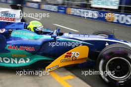 08.07.2005 Silverstone, England, Felipe Massa (BRA), Sauber Petronas C24, leavind the pitbox - July, Formula 1 World Championship, Rd 11, British Grand Prix, Silverstone, England, Practice