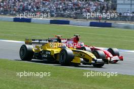 10.07.2005 Silverstone, England, Tiago Monteiro, PRT, Jordan, Rubens Barrichello, BRA, Ferrari - July, Formula 1 World Championship, Rd 11, British Grand Prix, Silverstone, England, Race