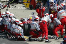 10.07.2005 Silverstone, England, Ralf Schumacher, GER, Panasonic Toyota Racing, TF105, Action, Track pit stop - July, Formula 1 World Championship, Rd 11, British Grand Prix, Silverstone, England, Race