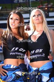 10.07.2005 Silverstone, England, Playstation Girls, Lucy Pinder and Michelle Marsh (blond)  - July, Formula 1 World Championship, Rd 11, British Grand Prix, Silverstone, England